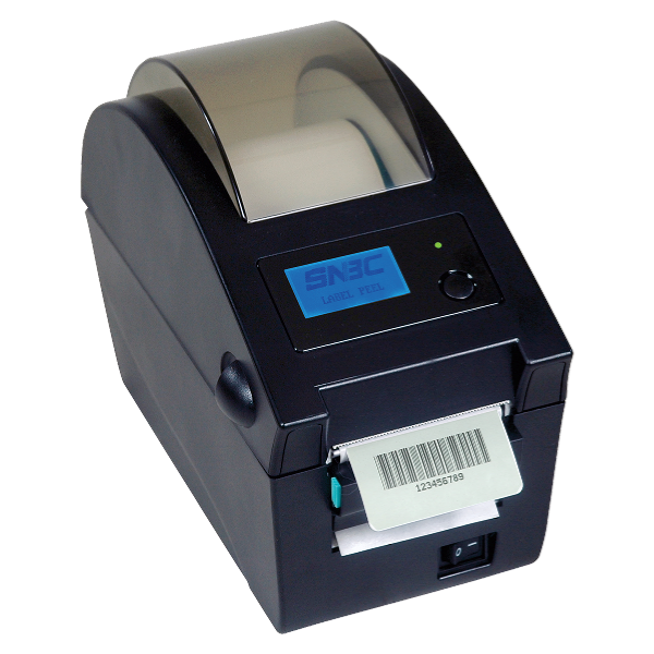 A desktop thermal label printer printing a barcode label.