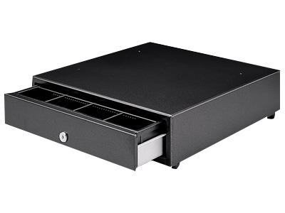 A black electronic cash drawer with a key lock, slightly open.