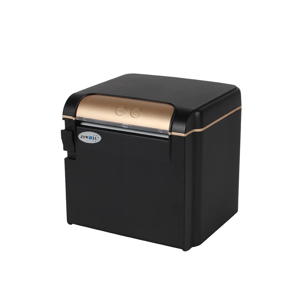 An angled, close-up shot shows a small, black Zywell thermal receipt printer with gold accents, set against a solid white background.